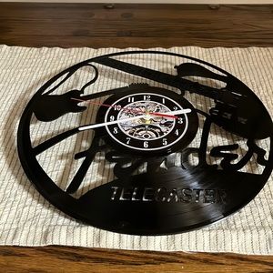 Preowned Laser Cut Vinyl Album Clock with Fender Telecaster Cut Out